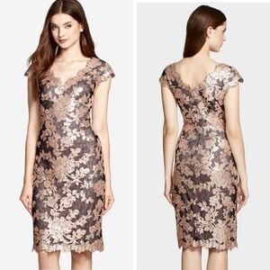 Tadashi Shoji Sequin Lace Cocktail Dress 6 Blush Pink Black Formal Wedding Guest